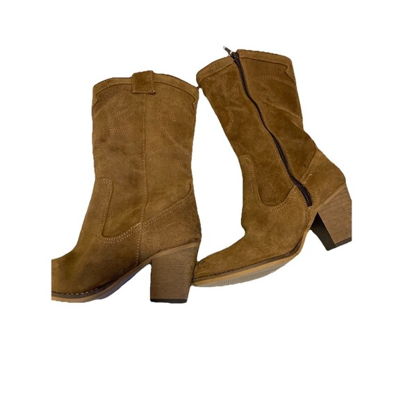 Poelman Suede Western Cowboy Boots Brown Chunky Heel Boho Festival Sz 6.5 New - Picture 3 of 7